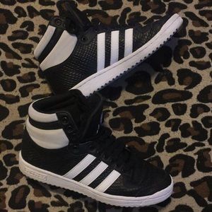 Adidas black and white high top ten